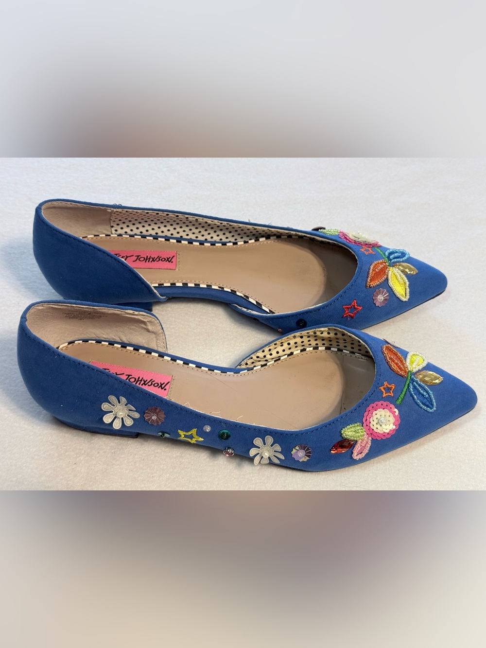 Betsey Johnson Blue Floral Embroidered Pointed Toe Flats